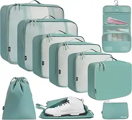 Mesh packing cubes set of 10 in various sizes with laundry bag, makeup bag, and zipper pouch for organized travel.