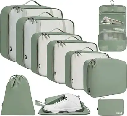 10 set mesh packing cubes in various sizes with laundry bag, makeup bag, and zipper pouch for travel organization.
