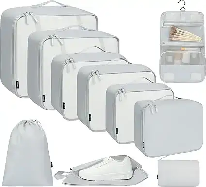10 set mesh packing cubes in various sizes, includes laundry bag, makeup bag, and zipper pouch for organized travel.