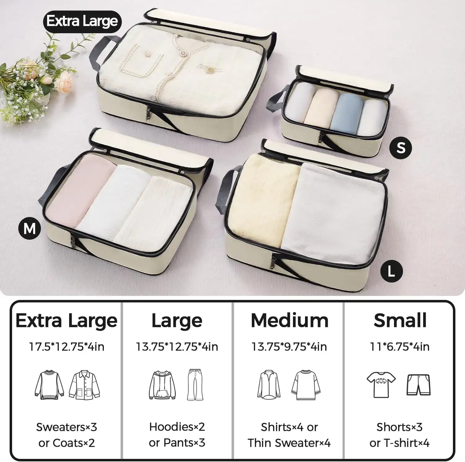 Expandable 4 set compression packing cubes for travel, featuring durable fabric and organized storage solutions.