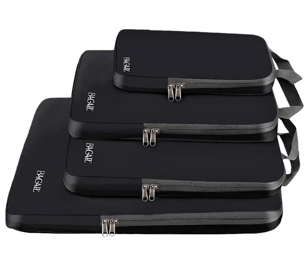 Expandable 4 set compression packing cubes for organized travel, featuring durable fabric and space-saving design.