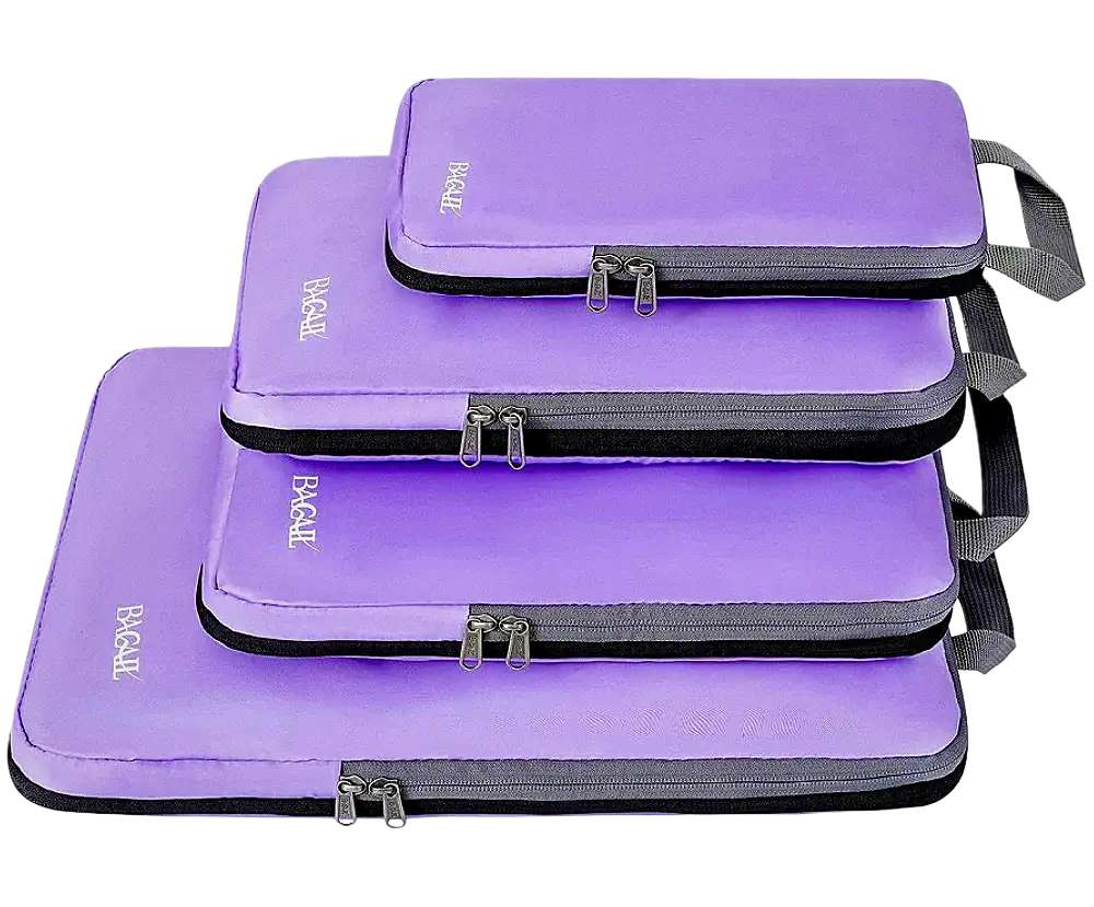 Expandable 4 set compression packing cubes, travel organizers for efficient luggage packing and space-saving.
