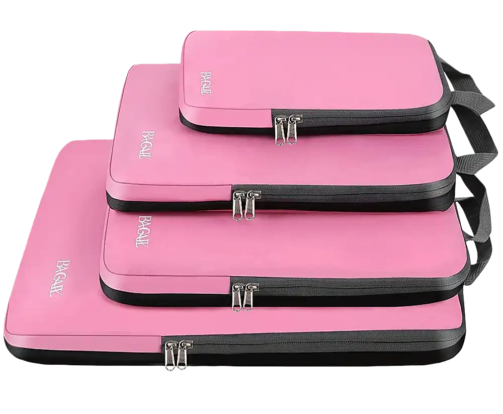 Expandable compression packing cubes set for travel, ideal for organized luggage and maximizing space. 4 durable organizers.