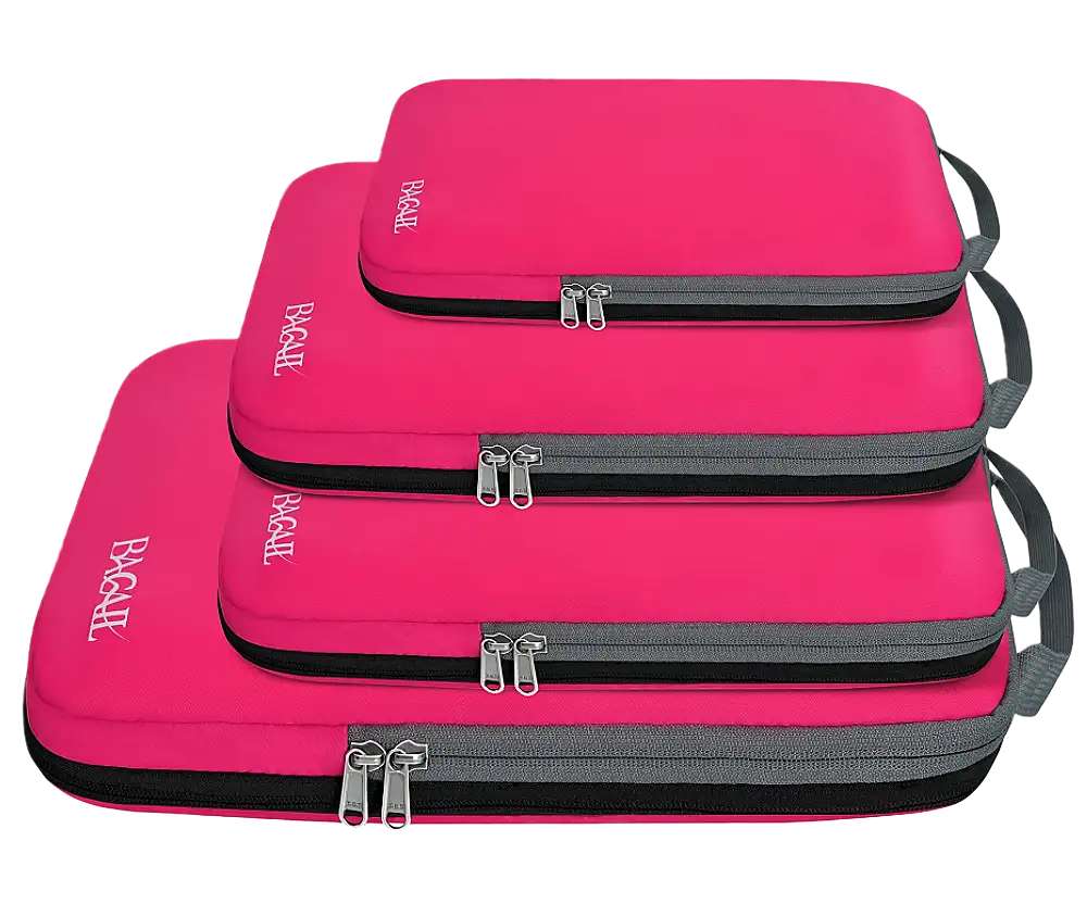 4 compression packing cubes in various sizes, perfect for travel organization and maximizing luggage space.