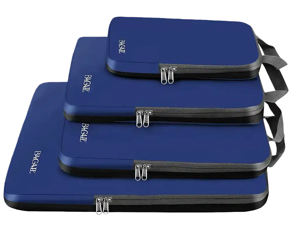 Expandable compression packing cubes set for travel, ideal for organizing clothes and maximizing luggage space.