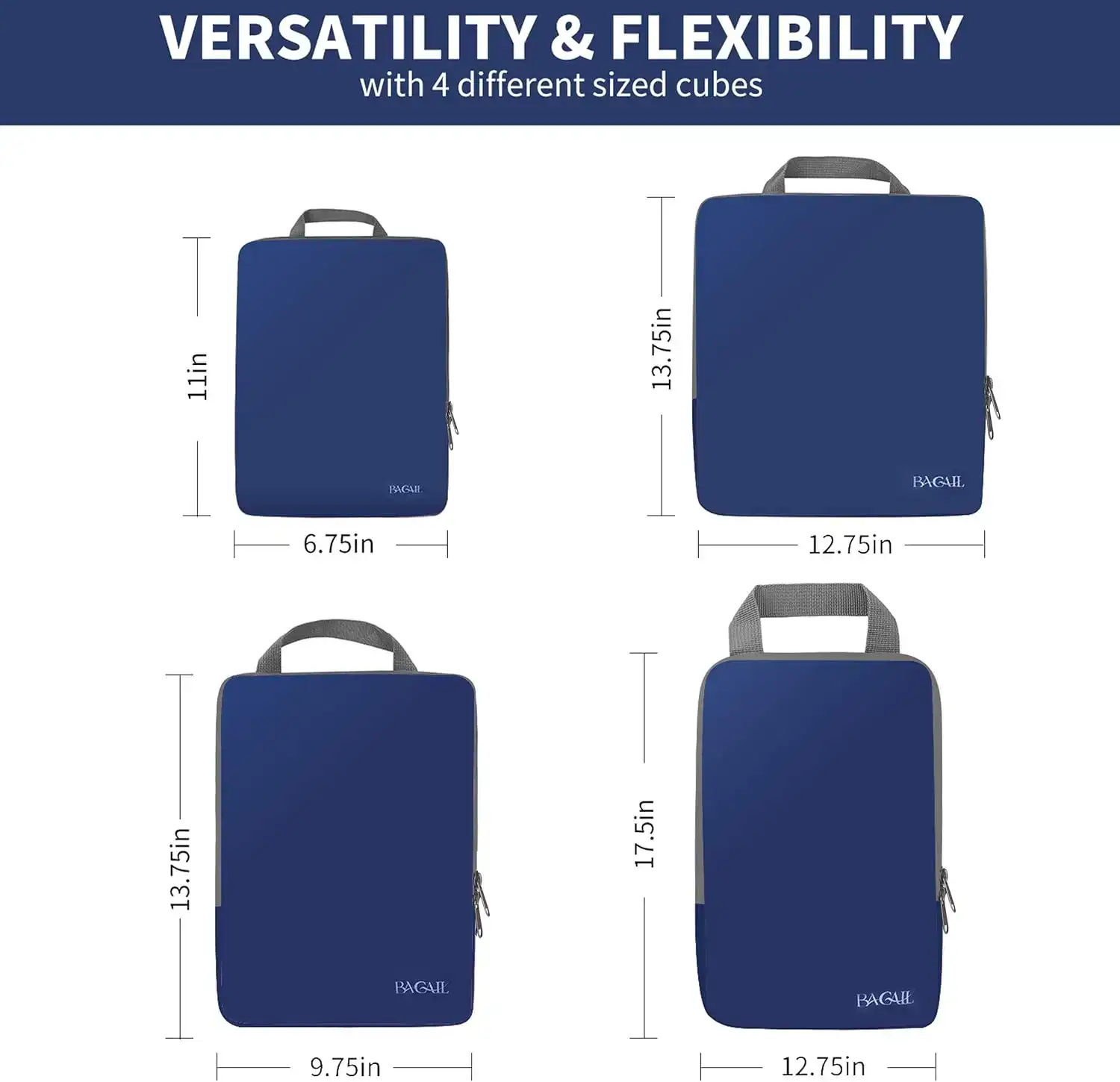 Expandable packing cubes for travel, 4 set compression organizers for efficient luggage space management.