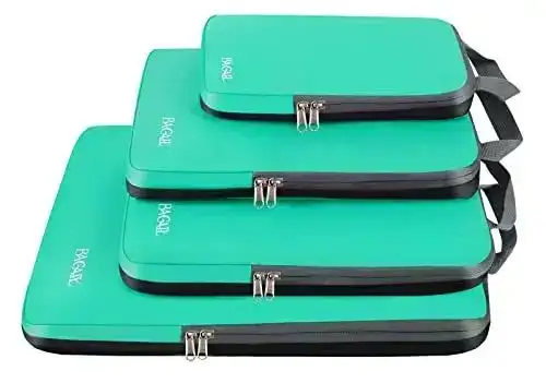 Expandable 4 set compression packing cubes for travel, lightweight organizers for efficient luggage packing and space-saving.