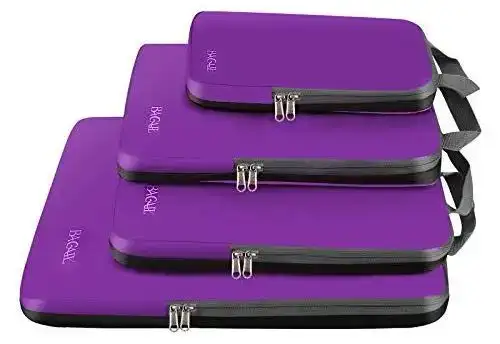 Expandable 4 set compression packing cubes for efficient travel organization and space-saving packing.