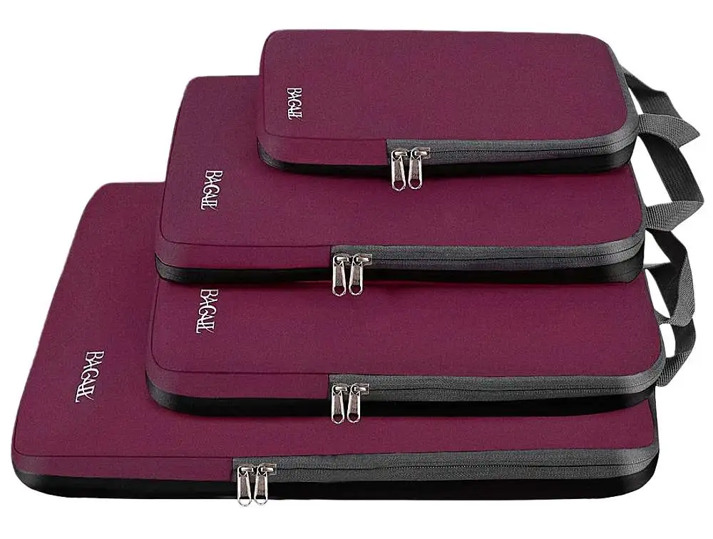 Expandable compression packing cubes set for efficient travel organization and space-saving luggage packing.