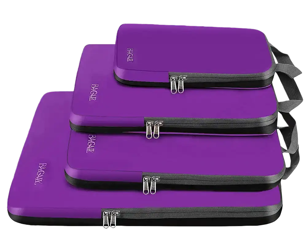 4 compression packing cubes in various sizes, expandable travel organizers for efficient luggage packing and space-saving.