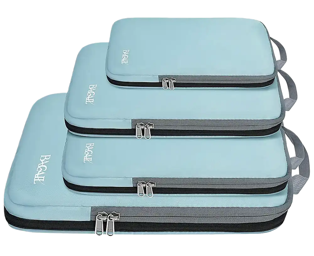 Expandable 4 set compression packing cubes for travel, durable organizers for efficient luggage packing and space-saving.