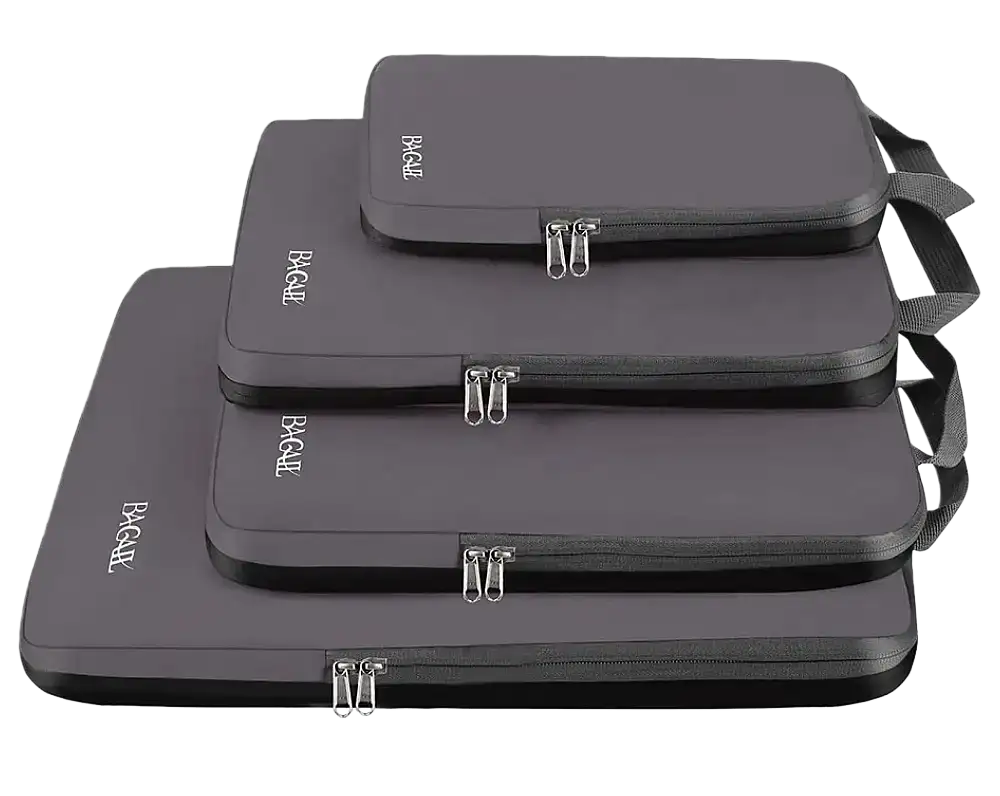 Expandable compression packing cubes set for travel, 4 organizers in various sizes for efficient luggage packing.