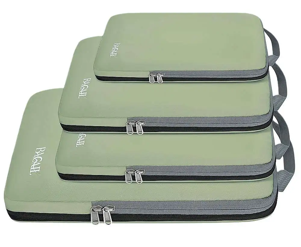 Expandable compression packing cubes set for travel organization, ideal for efficient luggage packing and space-saving.
