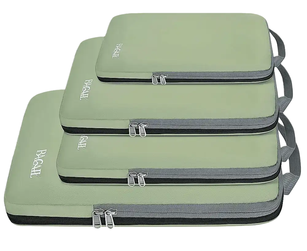 Expandable 4-set compression packing cubes for efficient travel organization and space-saving packing.