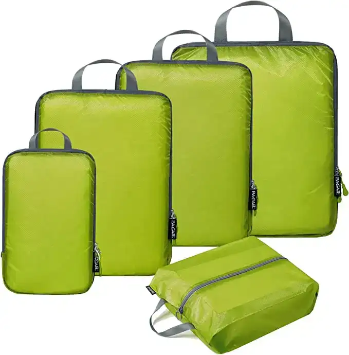 5 set 40D ultralight nylon packing cubes with shoe bag, perfect for travel organization and efficient packing.