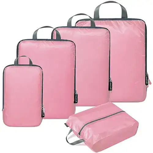 Ultralight 40D nylon packing cubes set with shoe bag for efficient travel organization and compression.