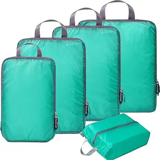 5 set ultralight nylon packing cubes with shoe bag for travel organization and compression, durable and lightweight.