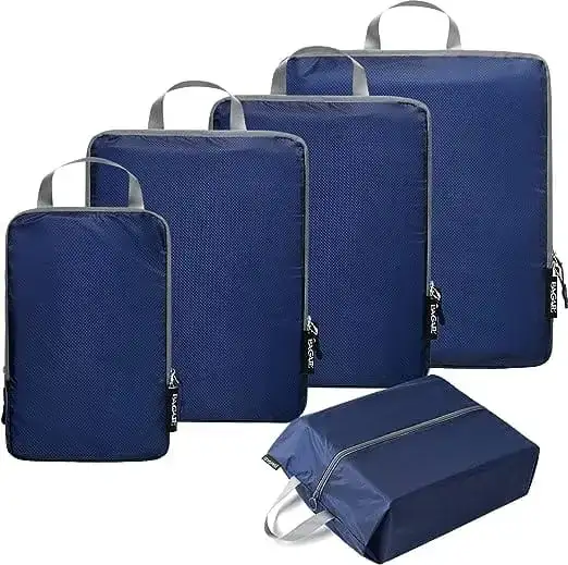 5 ultralight 40D nylon packing cubes with shoe bag for travel organization and compression, ideal for efficient packing.