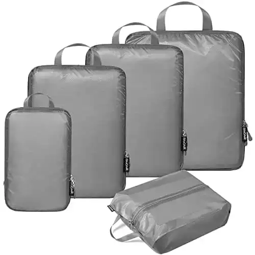 5-pack 40D ultralight nylon packing cubes with compression and shoe bag for efficient travel organization.