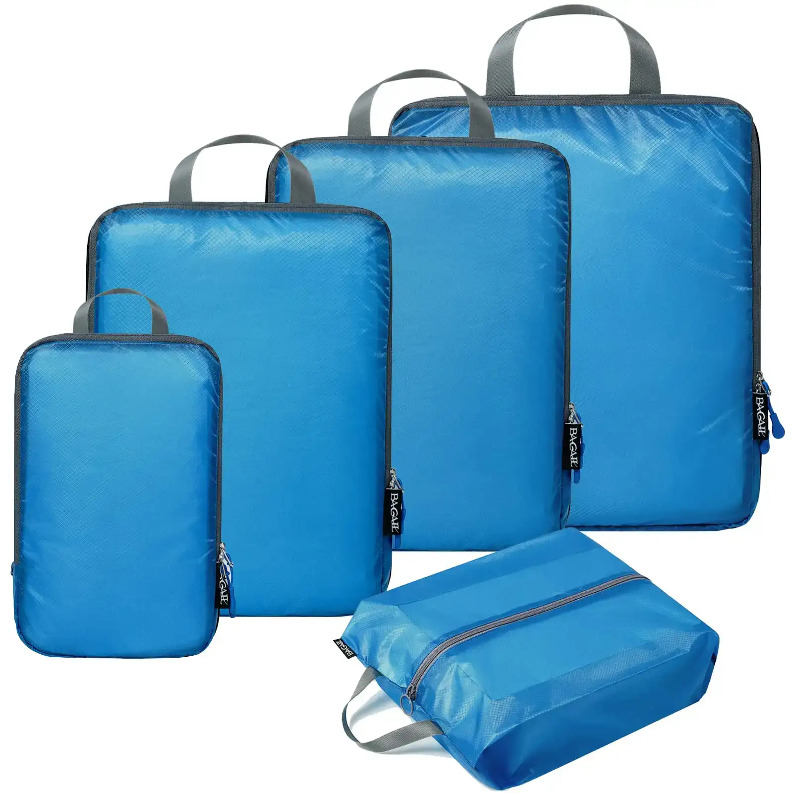 Ultralight 5-set nylon packing cubes with compression and shoe bag for organized travel accessories.