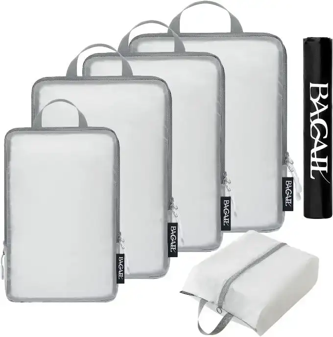 30D ultralight compression packing cubes set with shoe and laundry bags for organized travel and efficient packing.
