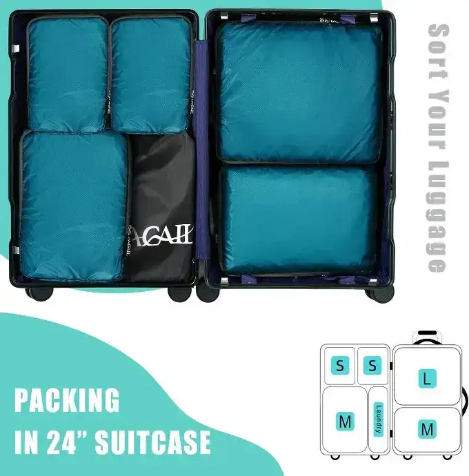 30D ultralight compression packing cubes set with shoe bag and laundry bag for organized travel and efficient packing.