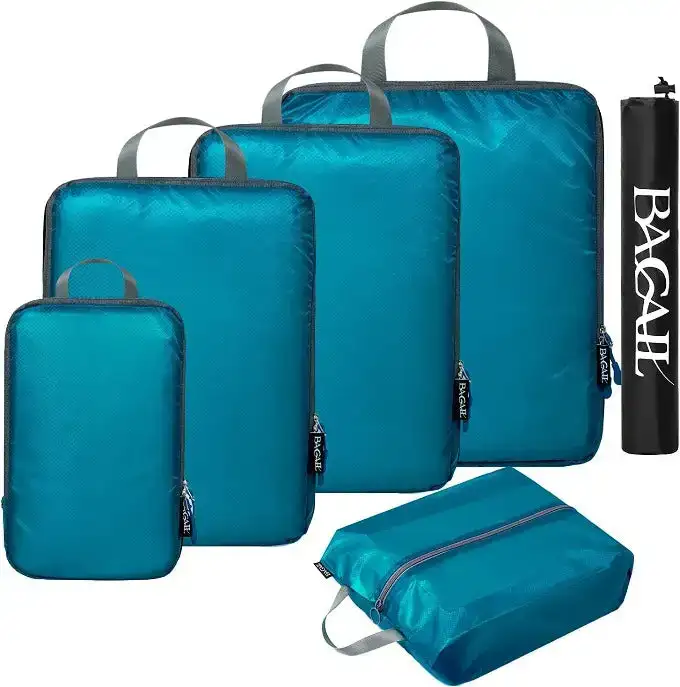 30D ultralight compression packing cubes set with shoe bag and laundry bag for organized travel and efficient packing.