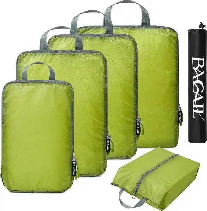 30D ultralight compression packing cubes set with shoe bag and laundry bag for efficient travel organization.