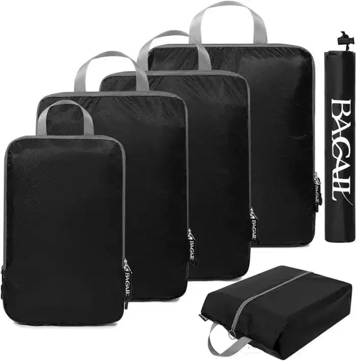 30D ultralight packing cubes set with shoe and laundry bags, ideal for travel organization and space-saving.