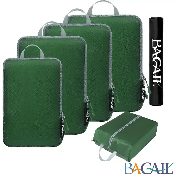 30D ultralight compression packing cubes set with shoe and laundry bags for organized travel and easy packing.