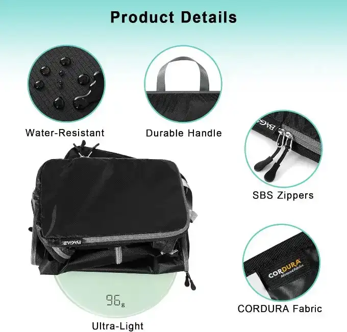 30D ultralight compression packing cubes set with shoe bag and laundry bag for efficient travel organization.