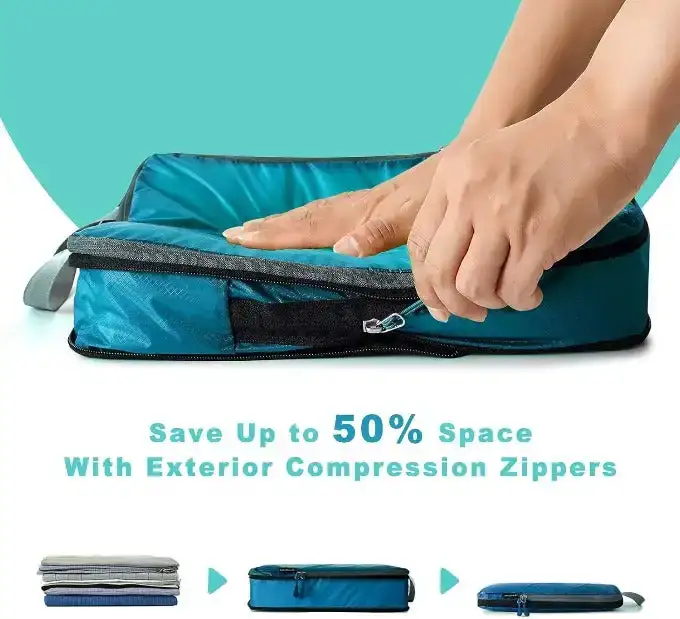 30D ultralight compression packing cubes set with shoe and laundry bags for organized travel and packing efficiency.