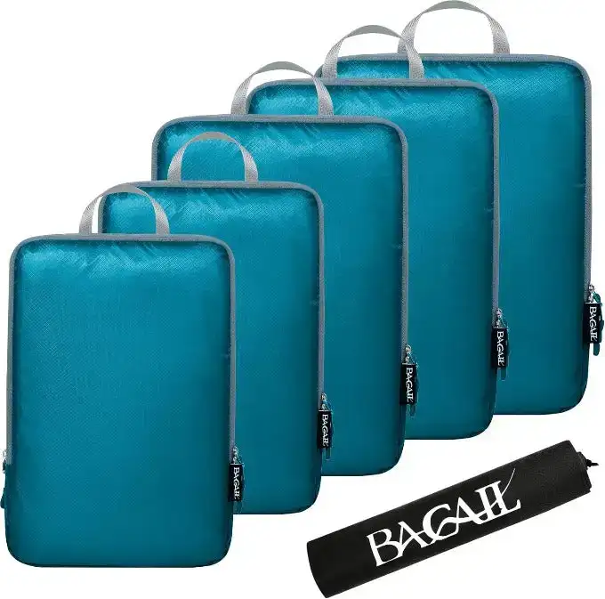 Ultralight 30D compression packing cubes set with shoe bag and laundry bag for organized travel and efficient packing.
