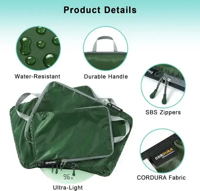 30D ultralight compression packing cubes set with shoe bag and laundry bag for efficient travel organization.
