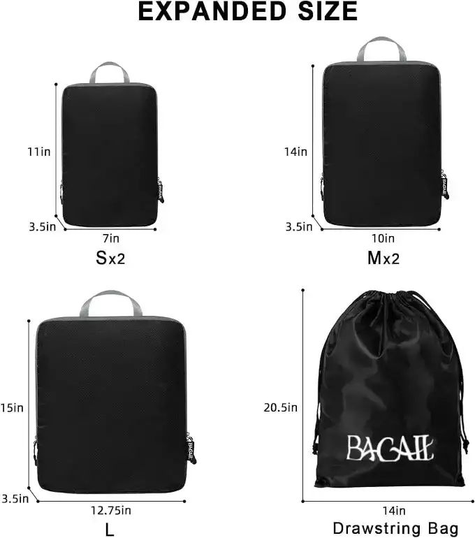 30D ultralight compression packing cubes set with shoe bag and laundry bag for organized travel and efficient packing.