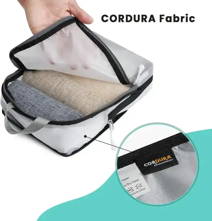30D ultralight compression packing cubes set with shoe bag and laundry bag for organized travel and efficient packing.