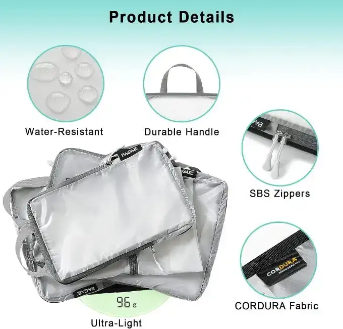 30D ultralight compression packing cubes set with organizer, shoe bag, and laundry bag for efficient travel storage.