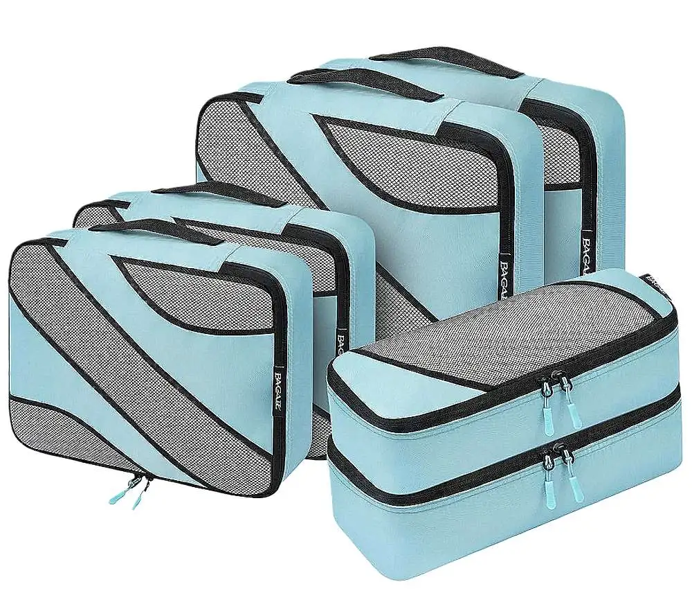 6 set half mesh packing cubes in various sizes for efficient travel organization and luggage packing. Perfect for travelers.