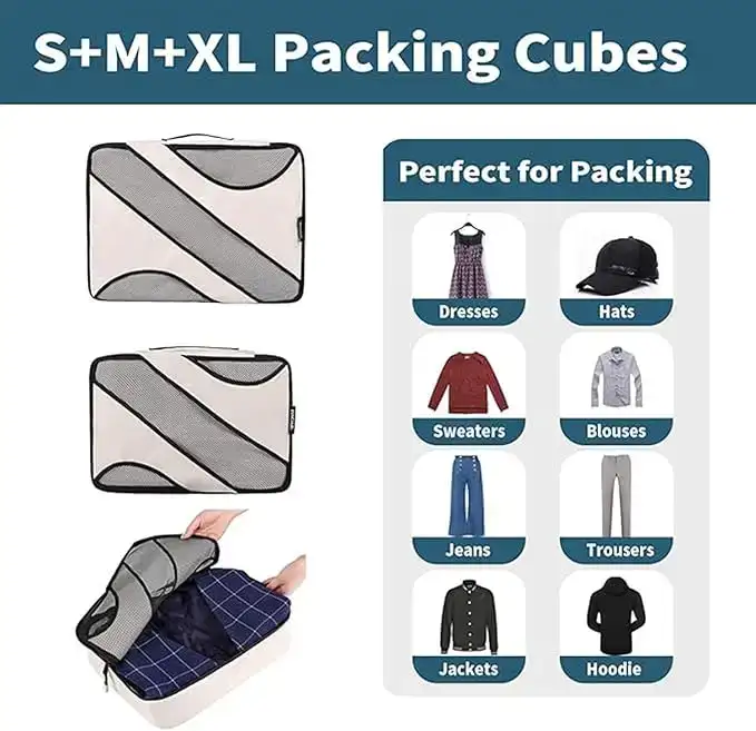 Half mesh packing cubes set of 6 in various sizes for organized travel luggage and efficient packing.