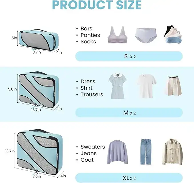 6 set half mesh packing cubes in various sizes for organized travel luggage, perfect for efficient packing and storage.