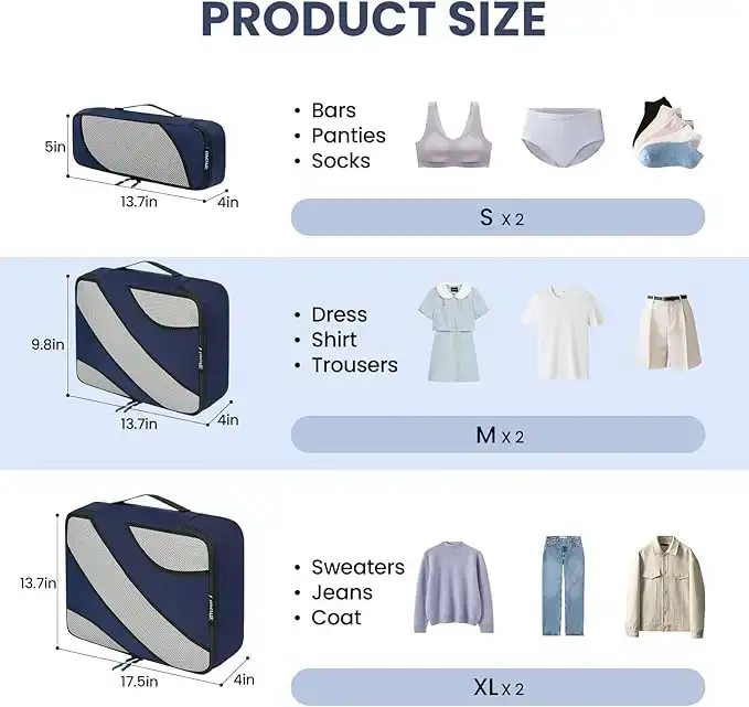 6-piece half mesh packing cubes in various sizes for organized travel luggage and efficient packing.