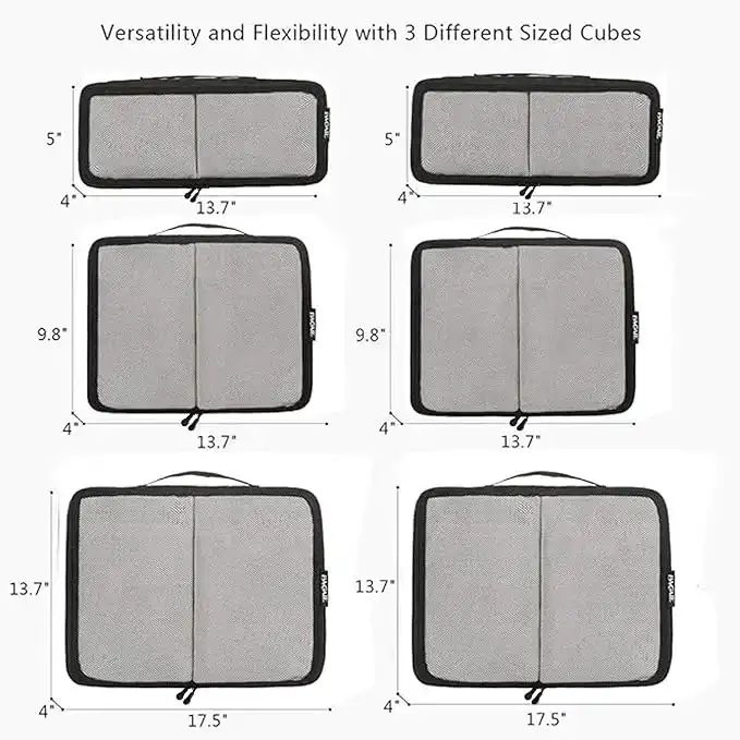 6 set half mesh packing cubes in various sizes for organized travel luggage storage and easy packing.