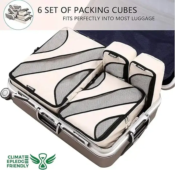 6 set half mesh packing cubes in various sizes for organized travel luggage, durable and lightweight travel organizers.