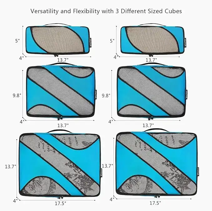 6 set half mesh packing cubes in various sizes for organized travel luggage and efficient packing. Ideal travel accessories.