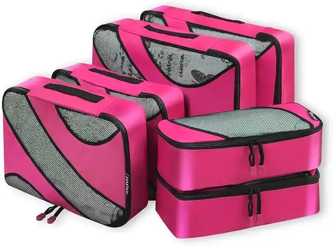 6 pack mesh packing cubes in various sizes for organized travel luggage, lightweight and durable packing organizers.