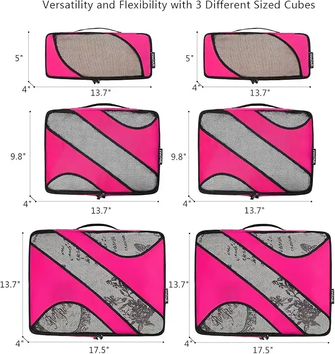 6 set half mesh packing cubes in various sizes for organized travel luggage, durable and lightweight packing organizers.