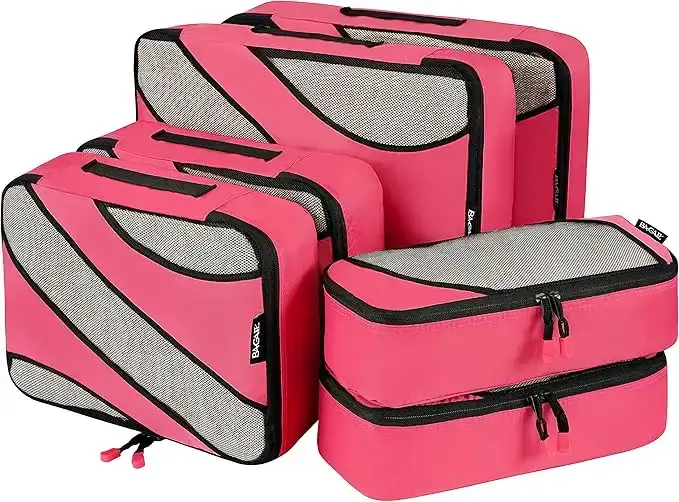 Half mesh packing cubes set of 6 in various sizes for efficient travel organization and luggage packing.