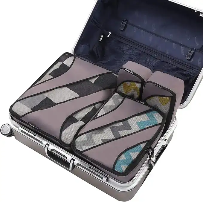 6 set half mesh packing cubes in various sizes for efficient travel luggage organization and neat packing.