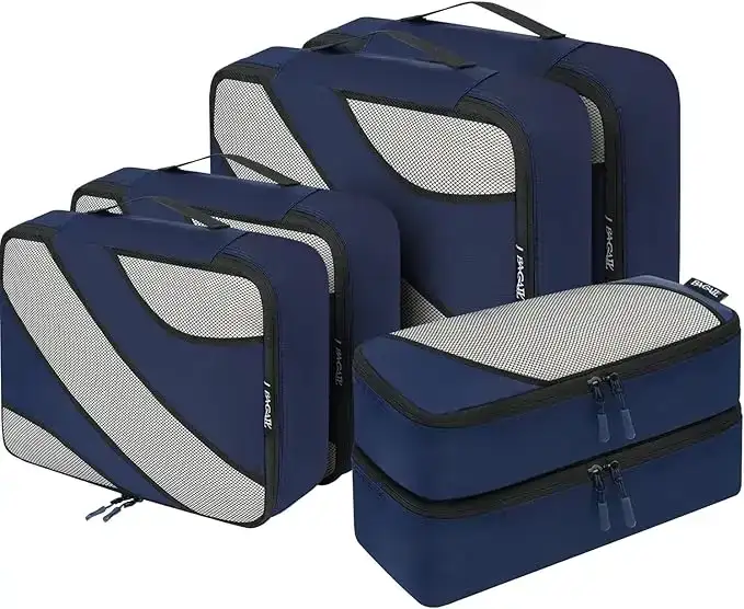 Half mesh packing cubes set of 6 in various sizes for organized travel luggage and efficient packing solutions.