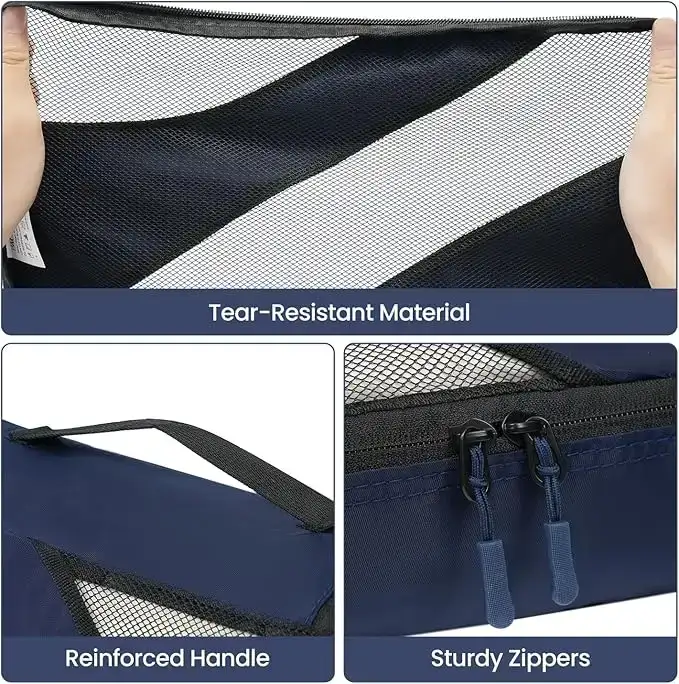 6 set half mesh packing cubes in various sizes for organized travel luggage storage and packing efficiency.